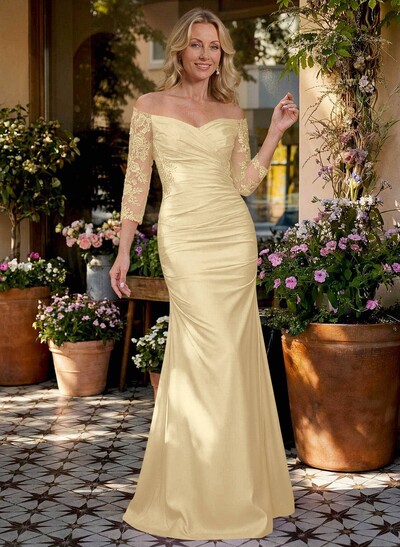 Semi Sheer LIlusion Sleeves Ruched Waist Mother Of The Bride Dresses With Off Shoulder