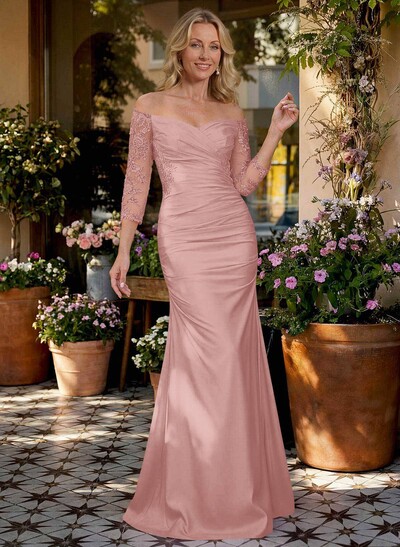 Semi Sheer LIlusion Sleeves Ruched Waist Mother Of The Bride Dresses With Off Shoulder