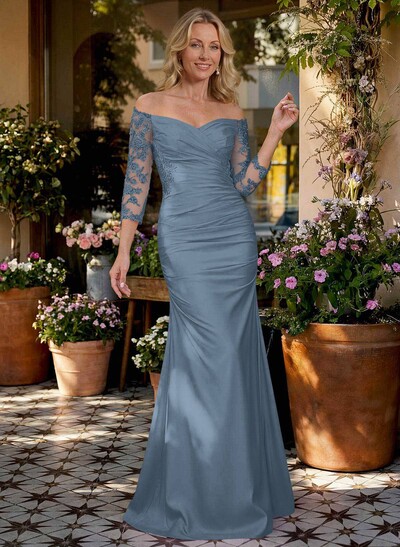 Semi Sheer LIlusion Sleeves Ruched Waist Mother Of The Bride Dresses With Off Shoulder