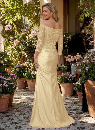 Semi Sheer LIlusion Sleeves Ruched Waist Mother Of The Bride Dresses With Off Shoulder