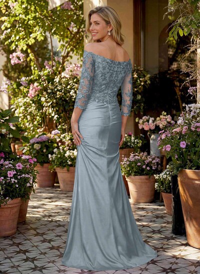 Semi Sheer LIlusion Sleeves Ruched Waist Mother Of The Bride Dresses With Off Shoulder