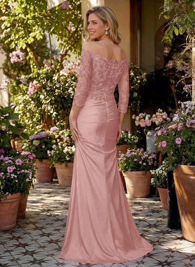 Semi Sheer LIlusion Sleeves Ruched Waist Mother Of The Bride Dresses With Off Shoulder