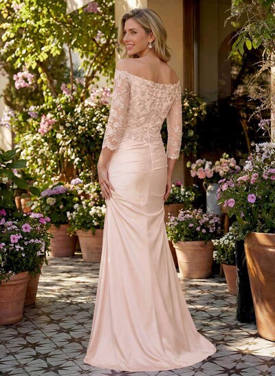 Semi Sheer LIlusion Sleeves Ruched Waist Mother Of The Bride Dresses With Off Shoulder