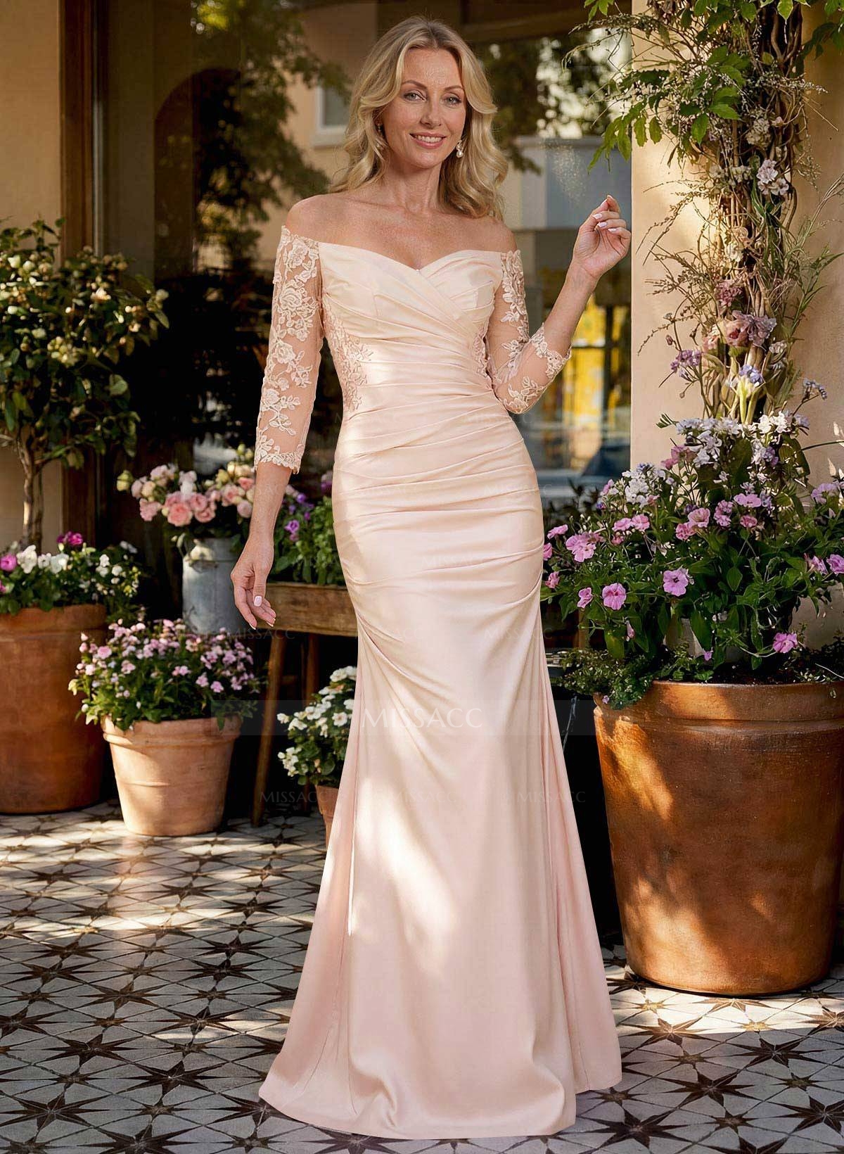 Semi Sheer LIlusion Sleeves Ruched Waist Mother Of The Bride Dresses With Off Shoulder