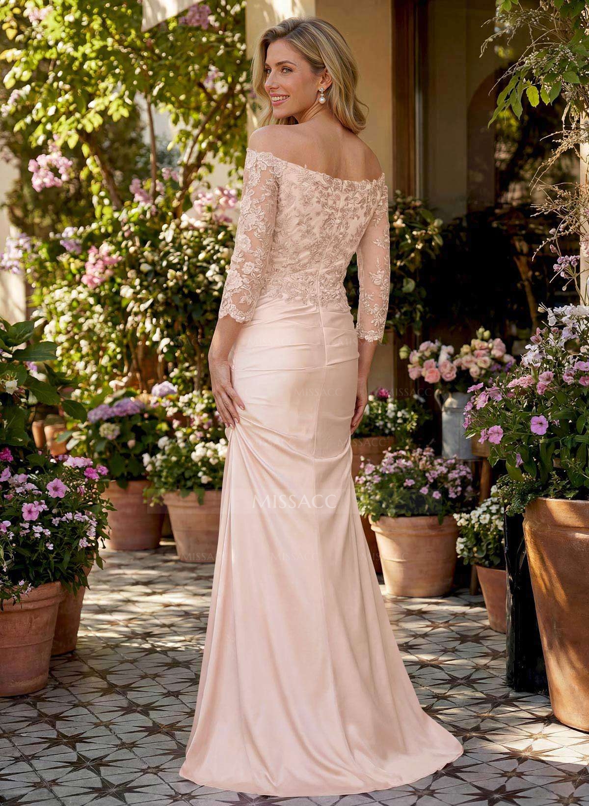 Semi Sheer LIlusion Sleeves Ruched Waist Mother Of The Bride Dresses With Off Shoulder