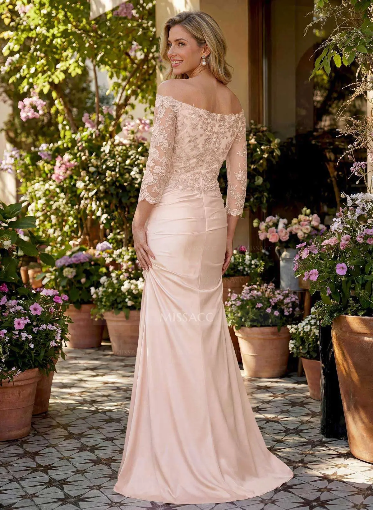 lace crepe off-the-shoulder bridesmaid dress Mermaid Lace Top Off-the-Shoulder Long Sleeves Bridesmaid Dresses, MBD182 main image 1
