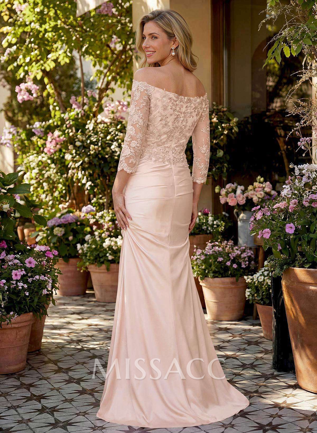 Trumpet/Mermaid Off-The-Shoulder 3/4 Sleeves Floor-Length Crepe Satin Mother Of The Bride Dresses With Lace Trumpet/Mermaid Off-The-Shoulder 3/4 Sleeves Floor-Length Crepe Satin Mother Of The Bride Dresses With Lace