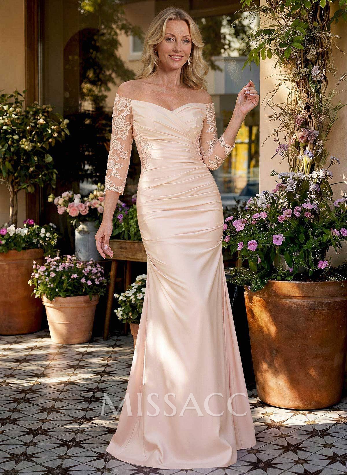 Trumpet/Mermaid Off-The-Shoulder 3/4 Sleeves Floor-Length Crepe Satin Mother Of The Bride Dresses With Lace Trumpet/Mermaid Off-The-Shoulder 3/4 Sleeves Floor-Length Crepe Satin Mother Of The Bride Dresses With Lace
