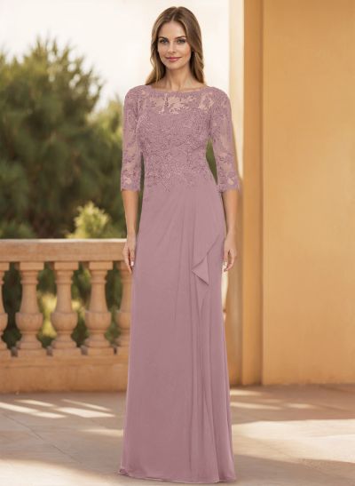 Sheath/Column Scoop Neck 3/4 Sleeves Chiffon Mother Of The Bride Dresses With Lace