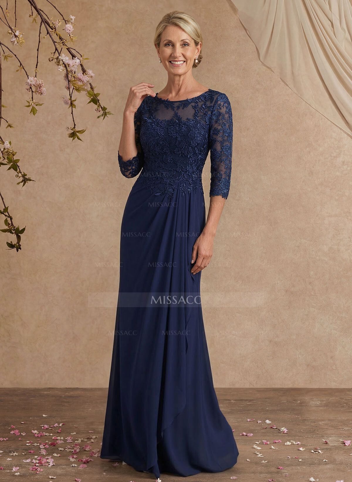 Flattering Llusion Semi Sheer Illusion Neck Mother Of The Bride Dresses With Ruffled Waist