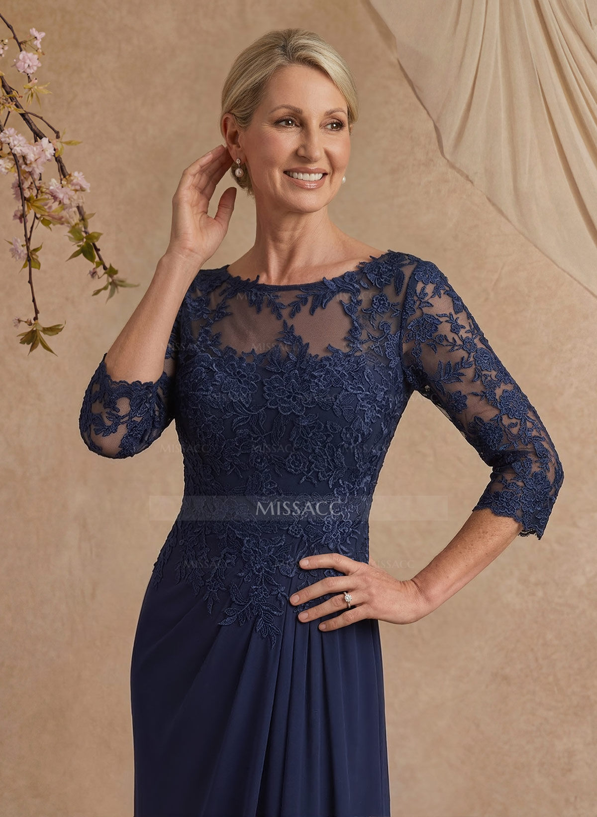 Flattering Llusion Semi Sheer Illusion Neck Mother Of The Bride Dresses With Ruffled Waist