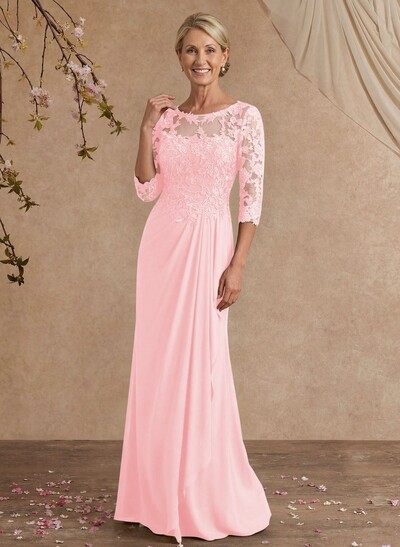 Flattering Llusion Semi Sheer Illusion Neck Mother Of The Bride Dresses With Ruffled Waist