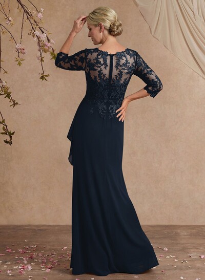 Flattering Llusion Semi Sheer Illusion Neck Mother Of The Bride Dresses With Ruffled Waist
