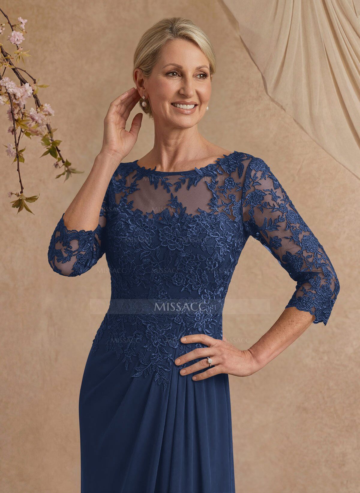 Flattering Llusion Semi Sheer Illusion Neck Mother Of The Bride Dresses With Ruffled Waist