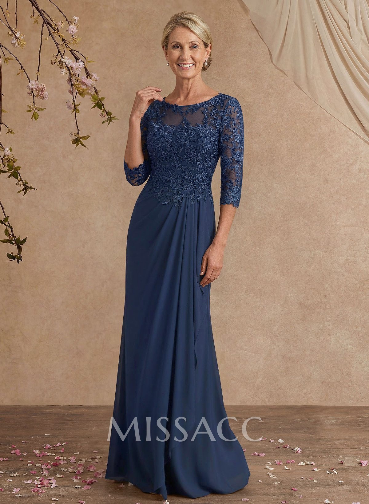 Flattering Llusion Semi Sheer Illusion Neck Mother Of The Bride Dresses With Ruffled Waist