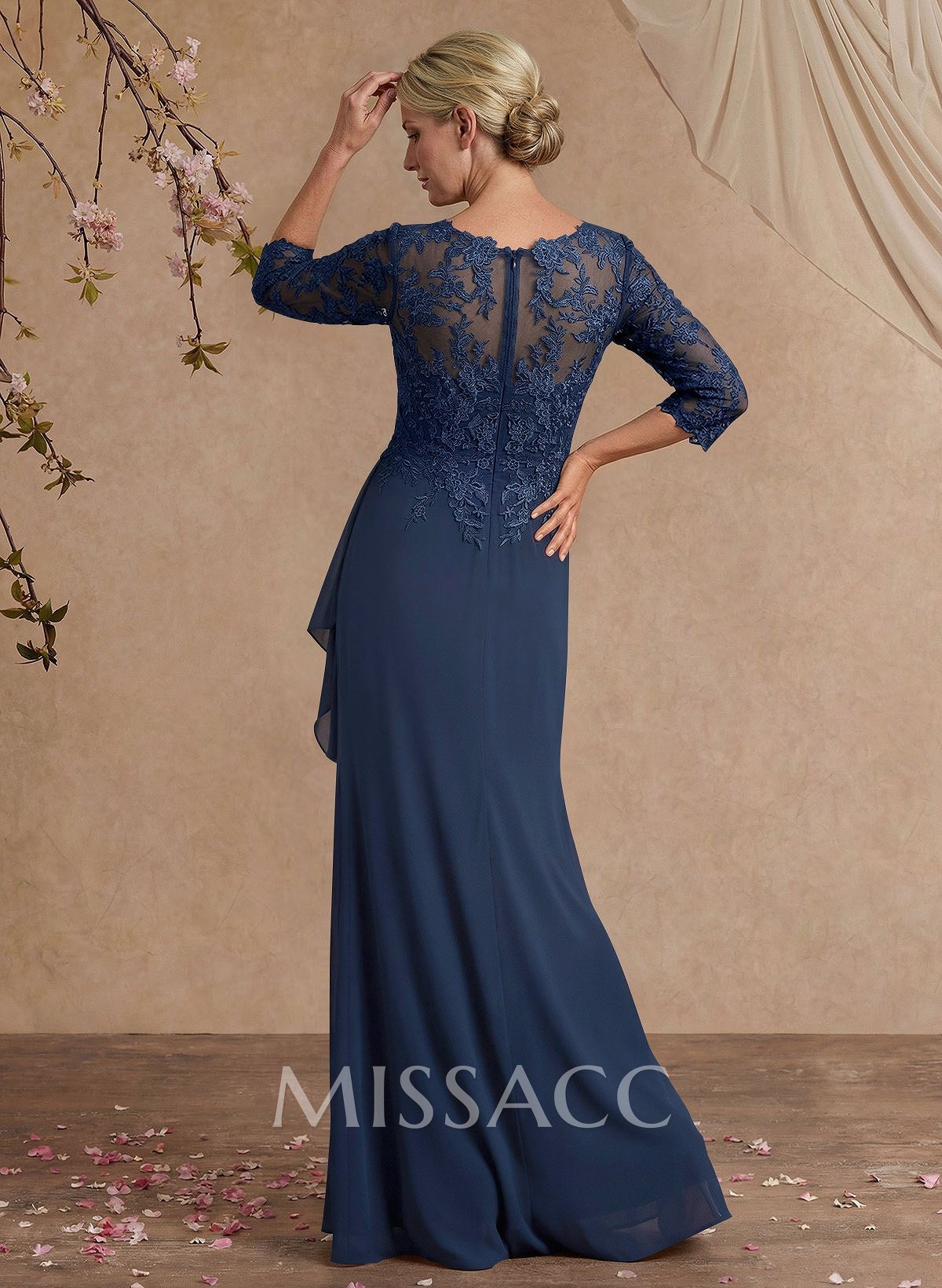 Flattering Llusion Semi Sheer Illusion Neck Mother Of The Bride Dresses With Ruffled Waist