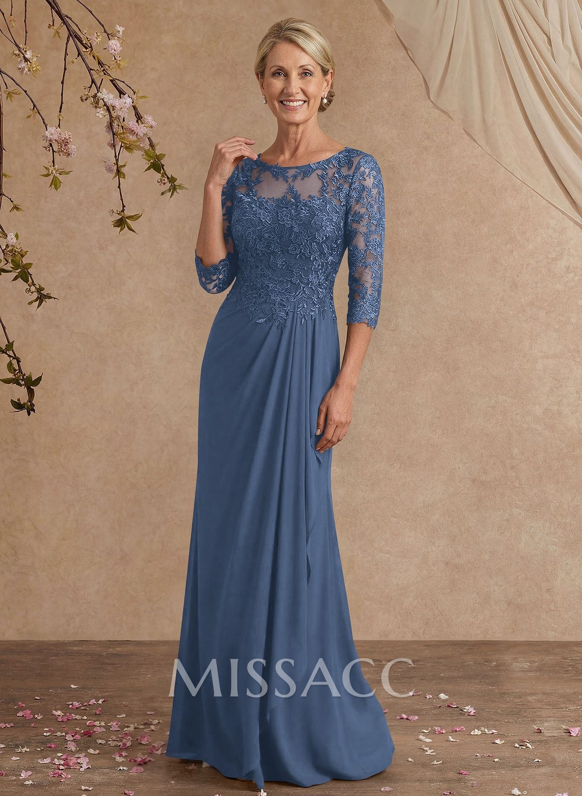 Flattering Llusion Semi Sheer Illusion Neck Mother Of The Bride Dresses With Ruffled Waist