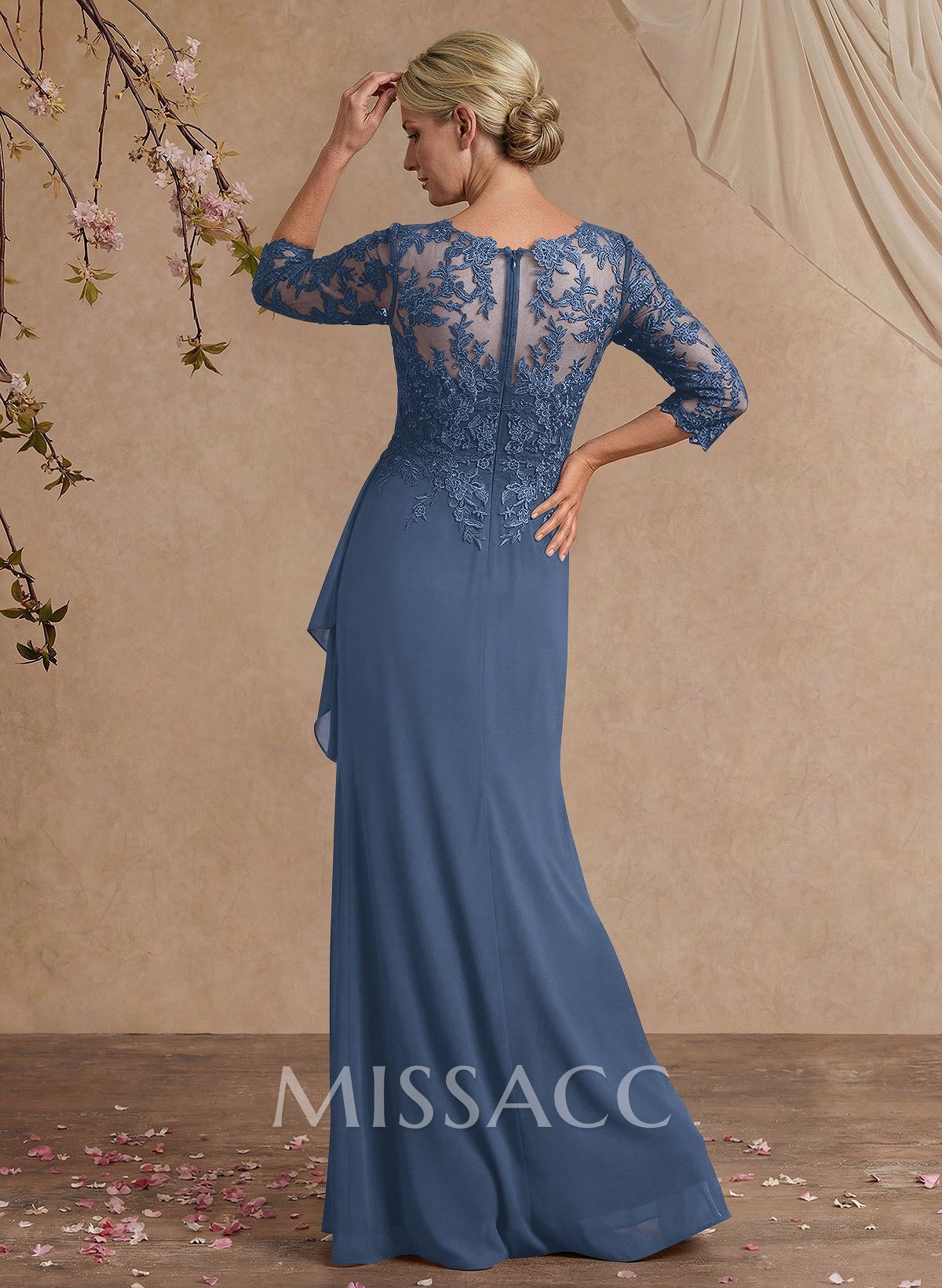 Flattering Llusion Semi Sheer Illusion Neck Mother Of The Bride Dresses With Ruffled Waist