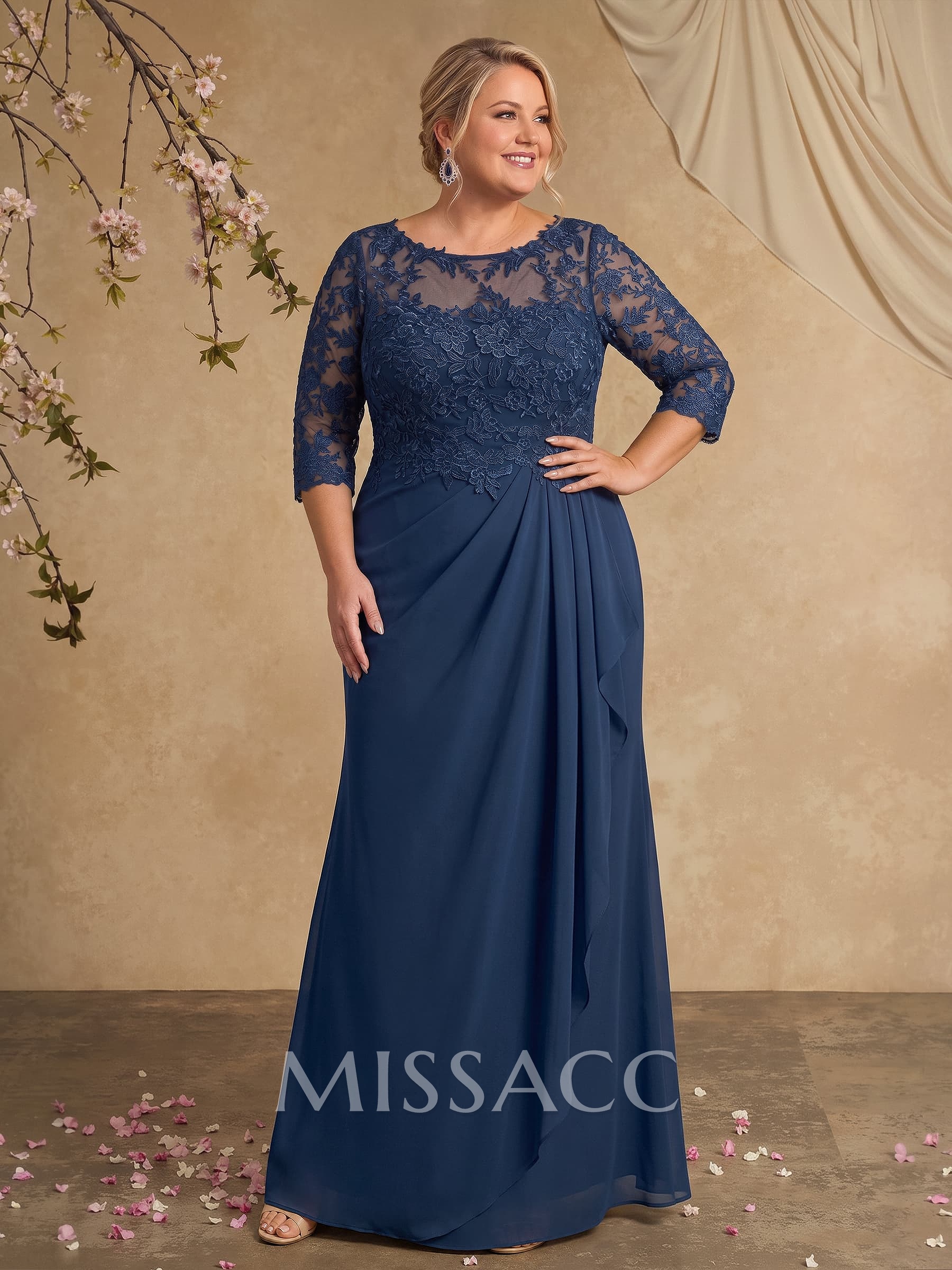 Flattering Llusion Semi Sheer Illusion Neck Mother Of The Bride Dresses With Ruffled Waist
