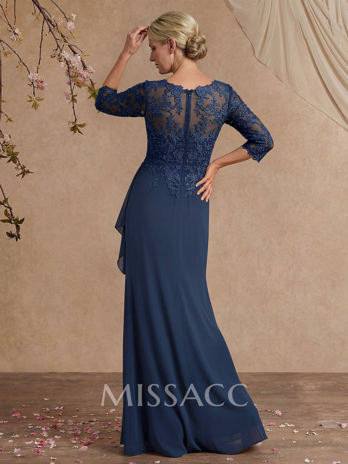 Flattering Llusion Semi Sheer Illusion Neck Mother Of The Bride Dresses With Ruffled Waist