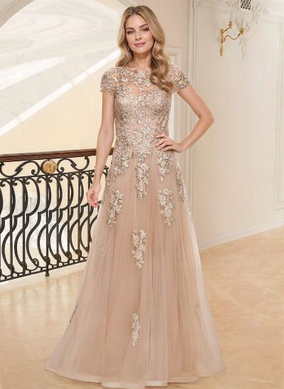 A-Line Scoop Neck Short Sleeves Floor-Length Lace/Tulle Mother Of The Bride Dresses