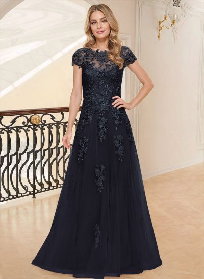 A-Line Scoop Neck Short Sleeves Floor-Length Lace/Tulle Mother Of The Bride Dresses