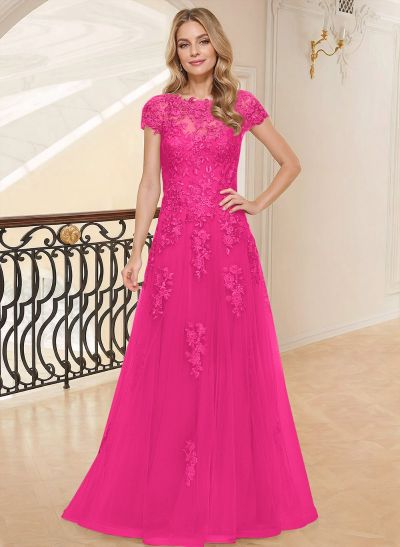 A-Line Scoop Neck Short Sleeves Floor-Length Lace/Tulle Mother Of The Bride Dresses