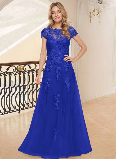 A-Line Scoop Neck Short Sleeves Floor-Length Lace/Tulle Mother Of The Bride Dresses