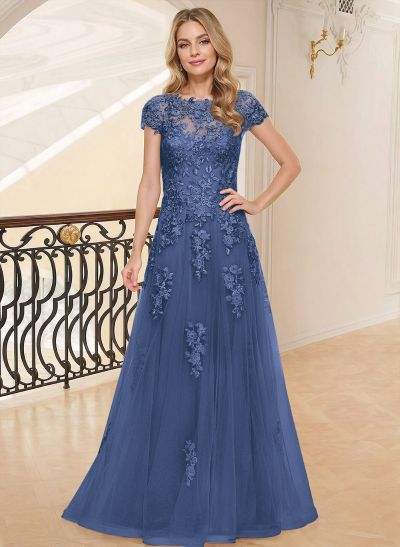 A-Line Scoop Neck Short Sleeves Floor-Length Lace/Tulle Mother Of The Bride Dresses