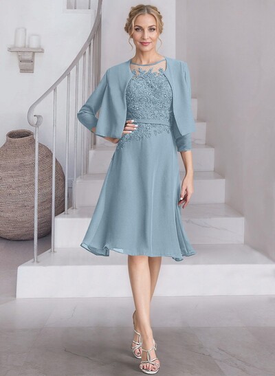 Exquisite Semi Sheer Illusion Lace Applique Neck Mother Of The Bride Dresses With Jacket