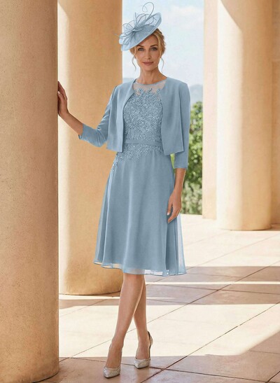 Exquisite Semi Sheer Illusion Lace Applique Neck Mother Of The Bride Dresses With Jacket