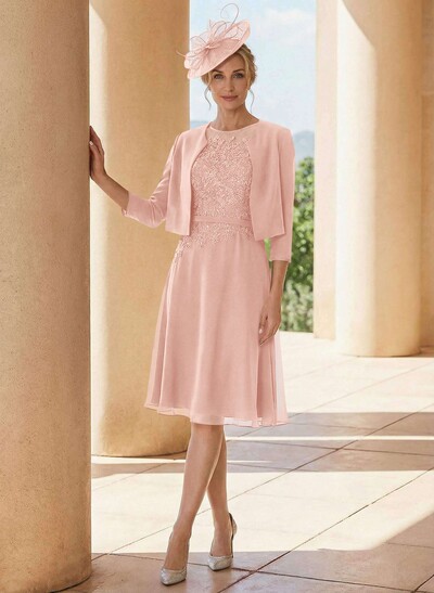 Exquisite Semi Sheer Illusion Lace Applique Neck Mother Of The Bride Dresses With Jacket