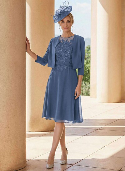 Exquisite Semi Sheer Illusion Lace Applique Neck Mother Of The Bride Dresses With Jacket