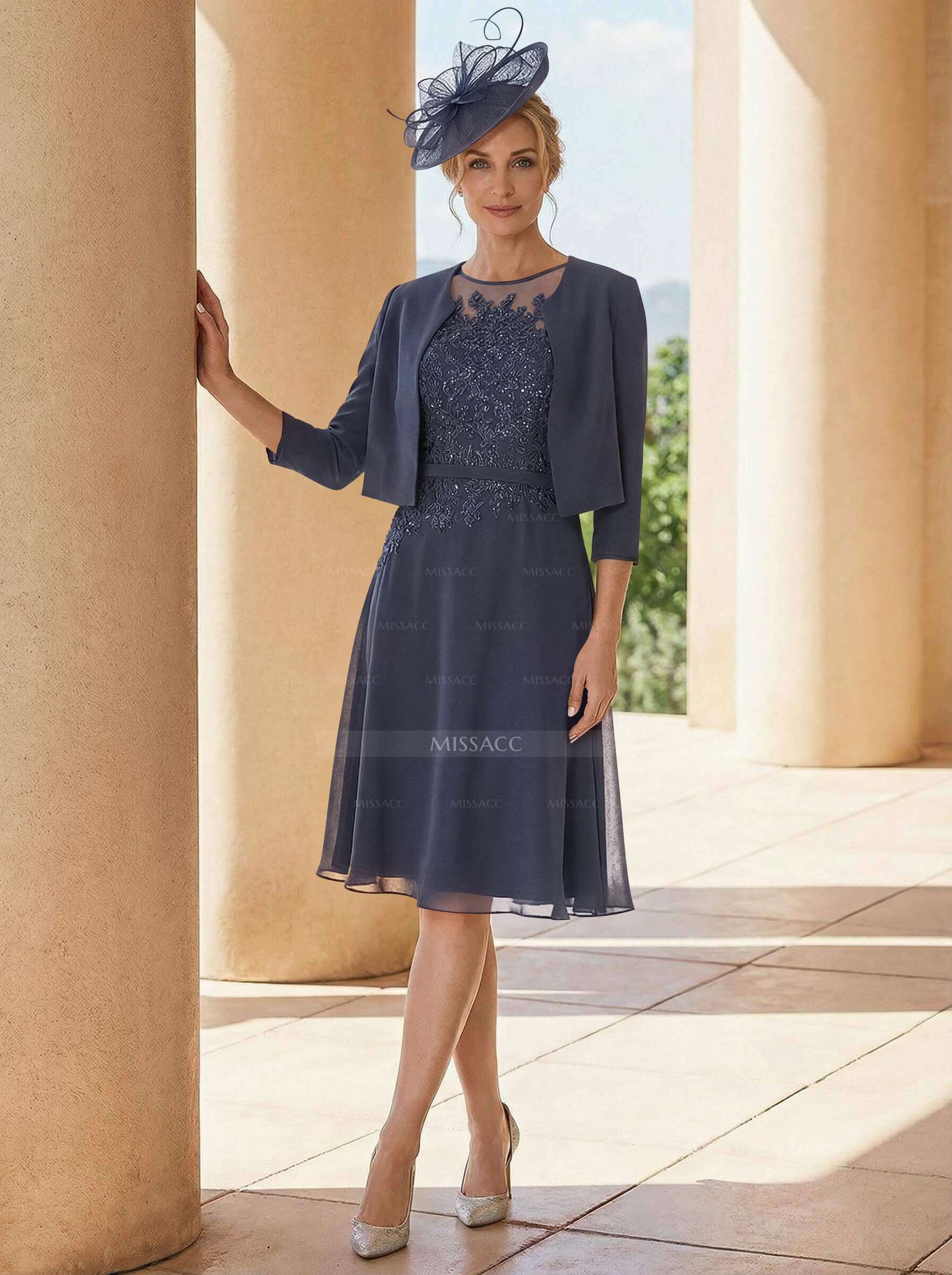 Exquisite Semi Sheer Illusion Lace Applique Neck Mother Of The Bride Dresses With Jacket