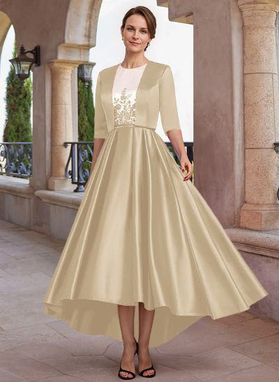 A-Line Scoop Neck Sleeveless Asymmetrical Satin Mother Of The Bride Dresses With Lace