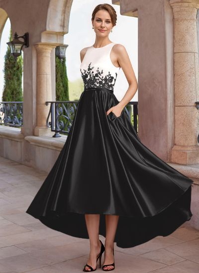 A-Line Scoop Neck Sleeveless Asymmetrical Satin Mother Of The Bride Dresses With Lace