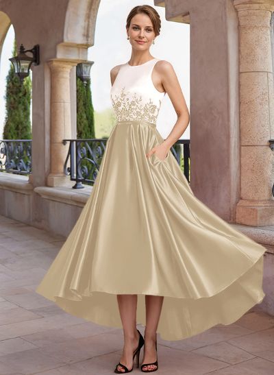 A-Line Scoop Neck Sleeveless Asymmetrical Satin Mother Of The Bride Dresses With Lace