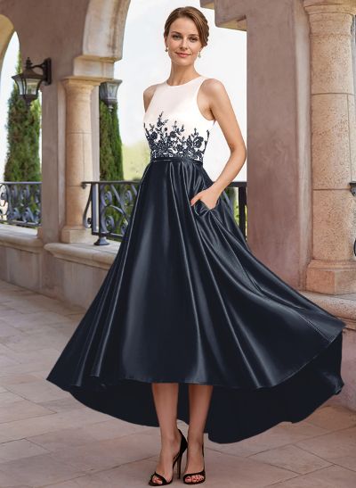 A-Line Scoop Neck Sleeveless Asymmetrical Satin Mother Of The Bride Dresses With Lace