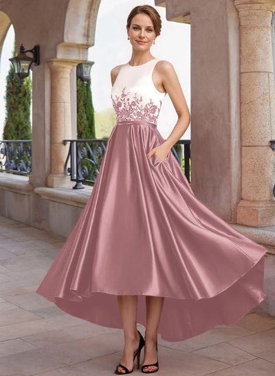 A-Line Scoop Neck Sleeveless Asymmetrical Satin Mother Of The Bride Dresses With Lace