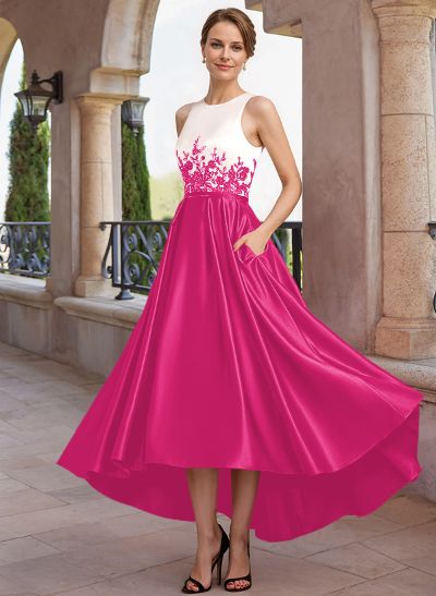 A-Line Scoop Neck Sleeveless Asymmetrical Satin Mother Of The Bride Dresses With Lace