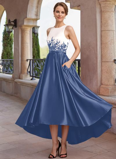 A-Line Scoop Neck Sleeveless Asymmetrical Satin Mother Of The Bride Dresses With Lace