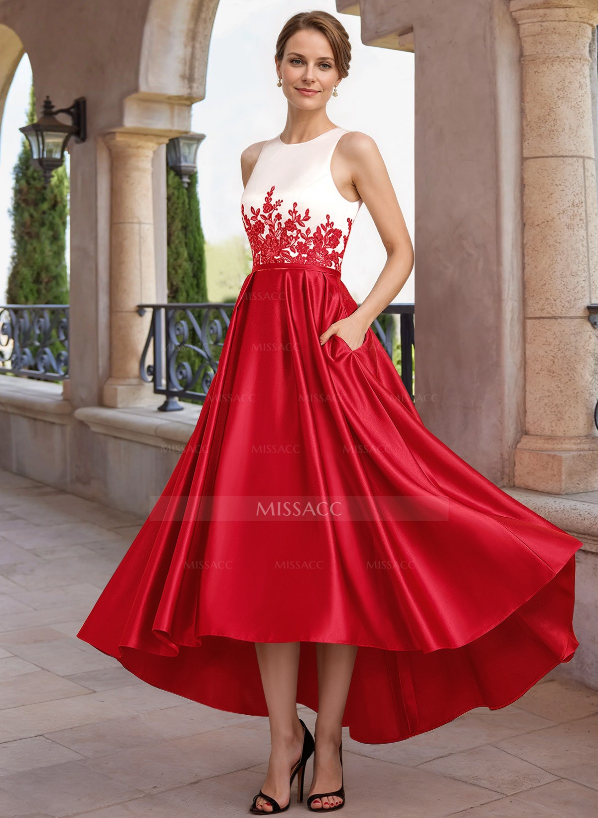 A-Line Scoop Neck Sleeveless Asymmetrical Satin Mother Of The Bride Dresses With Lace