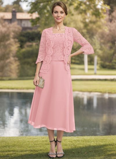Elegant Lace Square Neckline Chiffon Mother Of The Bride Dresses With Jacket