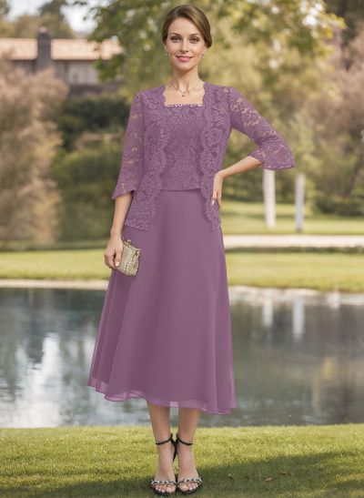 A-Line Square Neckline Sleeveless Tea-Length Chiffon Mother Of The Bride Dresses With Lace