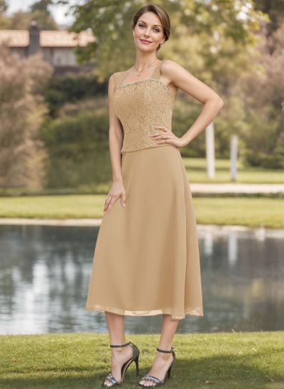 A-Line Square Neckline Sleeveless Tea-Length Chiffon Mother Of The Bride Dresses With Lace