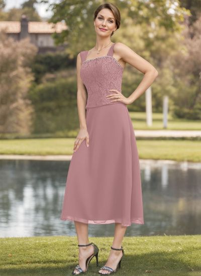 A-Line Square Neckline Sleeveless Tea-Length Chiffon Mother Of The Bride Dresses With Lace