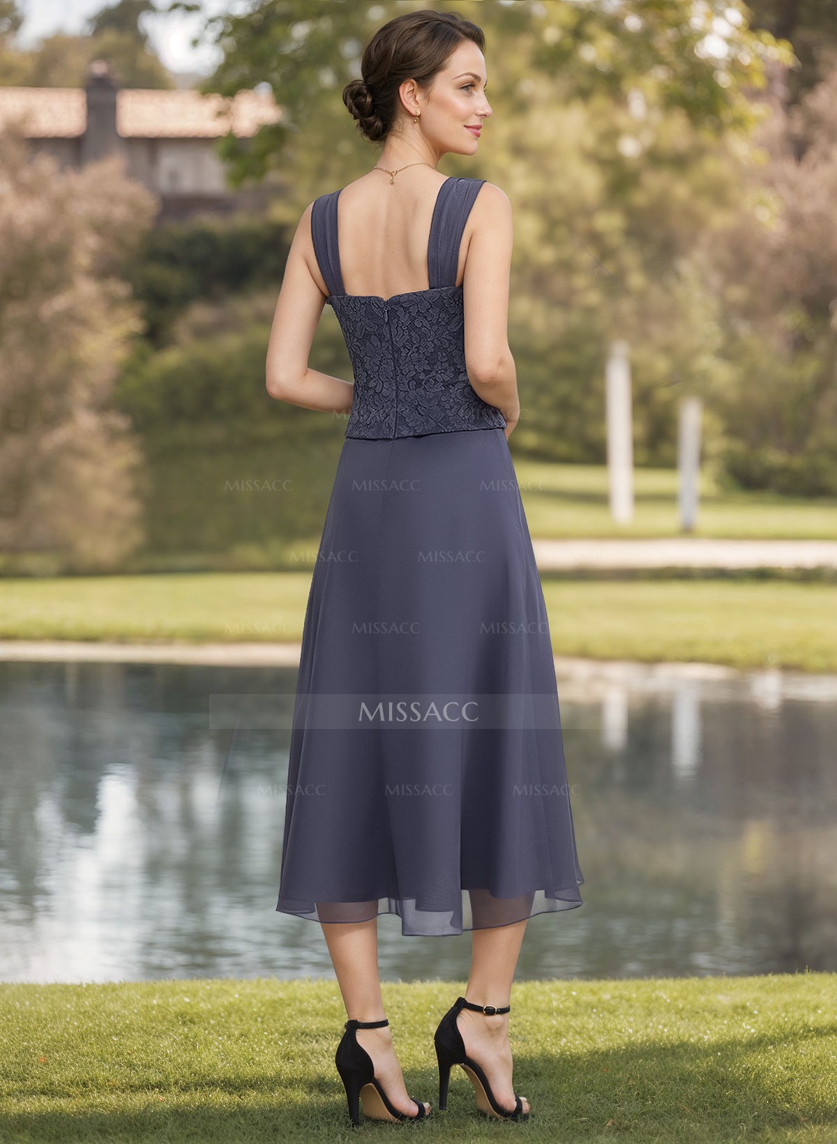 A-Line Square Neckline Sleeveless Tea-Length Chiffon Mother Of The Bride Dresses With Lace