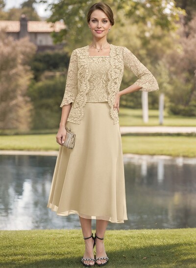 Elegant Lace Square Neckline Chiffon Mother Of The Bride Dresses With Jacket