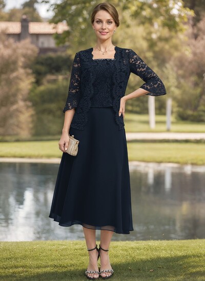 Elegant Lace Square Neckline Chiffon Mother Of The Bride Dresses With Jacket