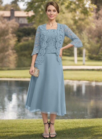 Elegant Lace Square Neckline Chiffon Mother Of The Bride Dresses With Jacket